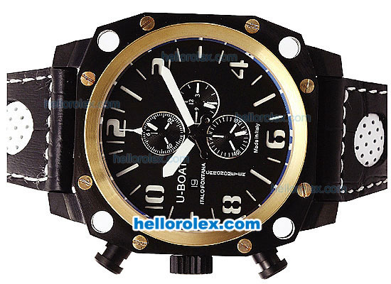 U-BOAT Italo Fontana Chronograph Quartz Movement PVD Case with Gold Bezel-White Markers and Leather Strap - Click Image to Close